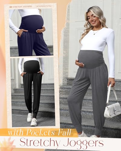 Neer 3 Pack Maternity Joggers Lounge Sweatpants with Pockets - color: Black, Dark Heather Gray, Navy Blue, size: X-Large