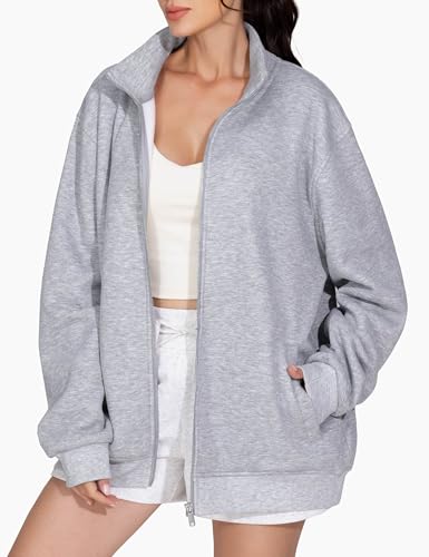 THE GYM PEOPLE Women's Oversized Zip Up Sweatshirts Fleece Mock Neck Jacket - color: Heather Grey, size: Medium