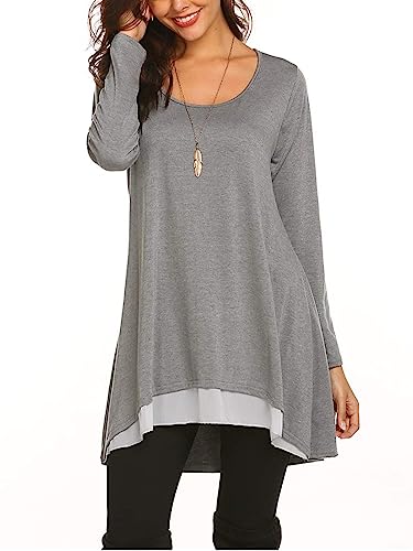 Poetsky Women's Long Sleeve Tunic Tops Layered Chiffon Hem Blouses Shirts - color: A-grey, size: Medium