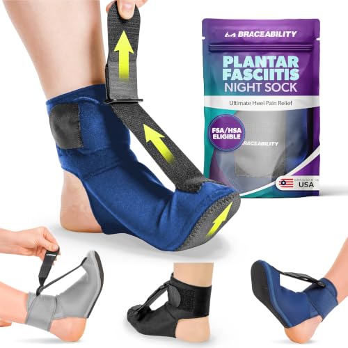 BraceAbility Plantar Fasciitis Night Splint Sock - Plantar Fascia Boot for Sleeping, Achilles Tendonitis Relief, Foot Drop, Heel Pain - Planter Facetious Brace for Women and Men - Navy (L) - color: Navy, size: Large