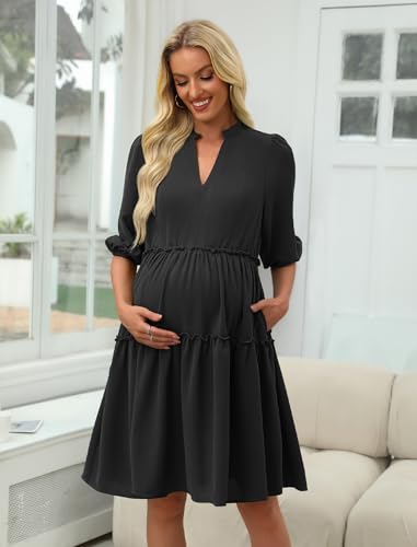Angashion Women's Maternity Nursing Dress: V-Neck Hidden Zipper Pockets - color: Black, size: Medium