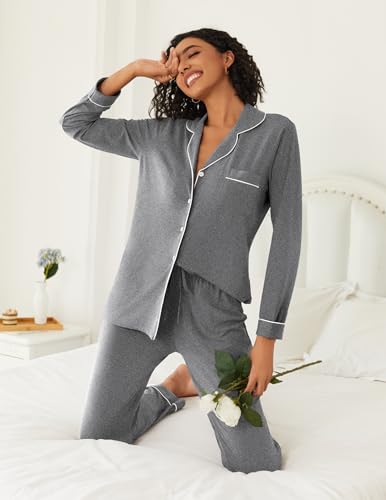 Ekouaer Womens Pajamas Set Button Down Long Sleeve Top & Pants Lounge Sets - color: Grey, size: Large