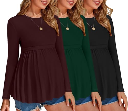 Ekouaer Maternity Shirts 3 Pack Pleated Long Sleeve Tops Pregnancy Clothes - color: Black/Green/Dark Red, size: Medium