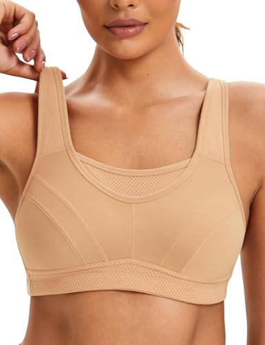 ZeroBound Women's Sports Bra High Impact Large Bust Full Coverage Workout Bras Adjustable Wirefree NO Padded Bra - color: Cream Nude, size: 34G