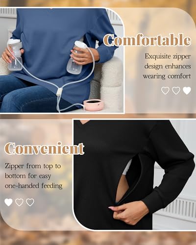 3 Pack Women's Waffle Knit Long Sleeve Nursing Tops - color: Cream, Haze Blue, Black, size: Large