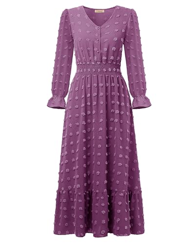CzzzyL Women Nursing Boho Maxi Dress Swiss Dot Smocked with Pockets - color: Purple, size: Small