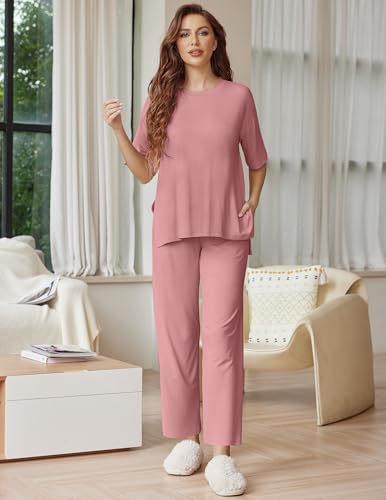 Ekouaer Lounge Sets for Women Soft Comfy Pajama Set 2 Piece Outfits - color: Old Rose, size: Medium