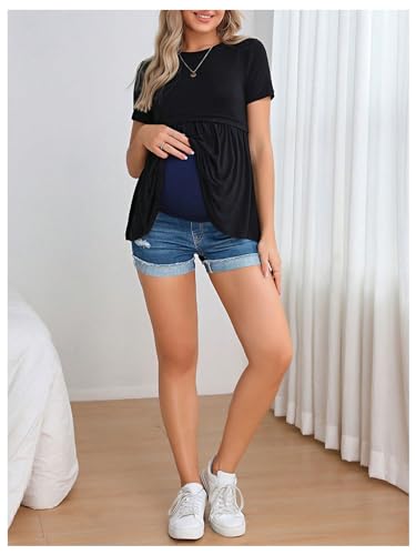 BEAUDRM Women's Maternity Adjustable High Waist Denim Mini Shorts - color: Medium Wash, size: Medium
