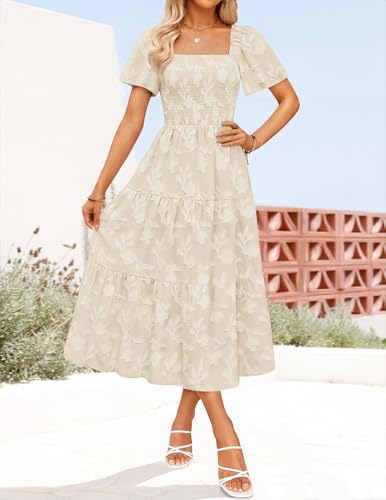 ZESICA Womens 2026 Summer Boho Wedding Guest Midi Dresses - color: Apricot, size: Small