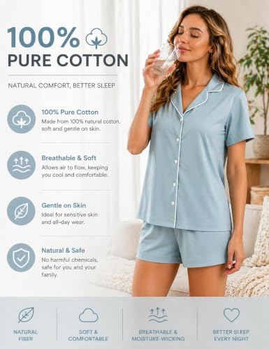 SWOMOG 100% Cotton Pajamas for Women Set, 2 Pieces Button Down Pjs Set, S-XXL - color: Blue, size: XX-Large