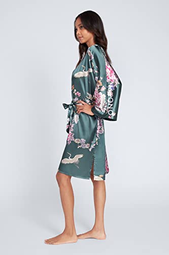 KIM+ONO Satin Short Kimono Robe for Women - color: Chrysanthemum & Crane - Forest