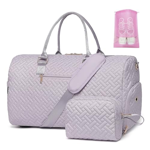 Duffle Bag for Travel, Weekender Bag with Shoe Compartment, Carry On Overnight Bag for Women with Toiletry Bag, 50L Gym Bag with Wet Pocket, Hospital Bags for Labor and Delivery Pink - color: Light purple, size: Regular