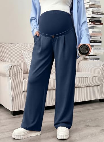 BLENCOT Maternity Pants Over Belly Stretchy Wide Leg Work Trousers - color: Dirty Blue, size: Small