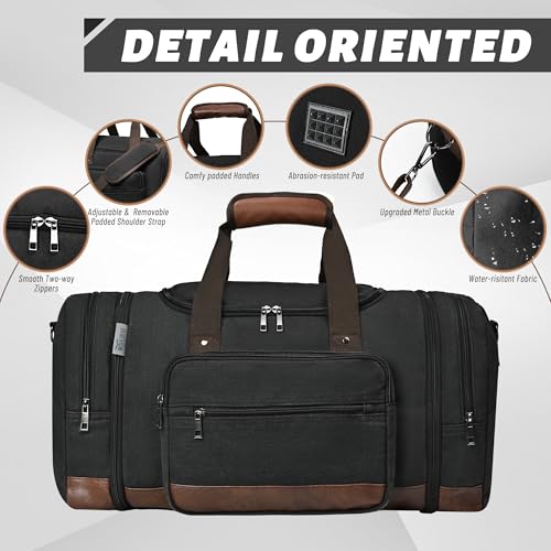50L Expandable Canvas Duffle Bag Weekender Travel Carry On Gym - color: Black