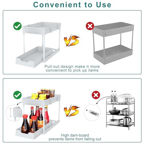 DEKAVA Cabinet, 2 Pack Under Sink Organizer, 2 Tier Sliding Bathroom Kitchen Organizer, Large White ABS Baskets, Easy Install & Clean - color: White