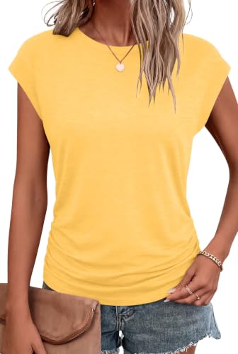 Bliwov Womens Summer Tops Cap Sleeve Crew Neck Casual T Shirts - color: Yellow, size: Medium