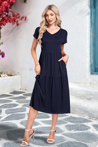 WNEEDU Women's Summer Midi Dress V Neck Swing Tiered with Pockets - color: Navy Blue, size: X-Large