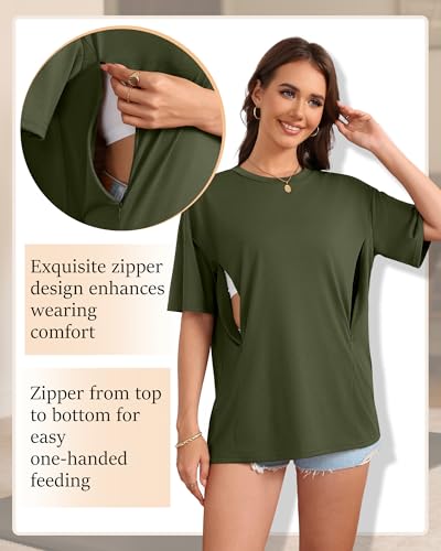 3 Pack Women's Oversize Nursing Tops - color: Khaki, White, Army Green, size: Medium