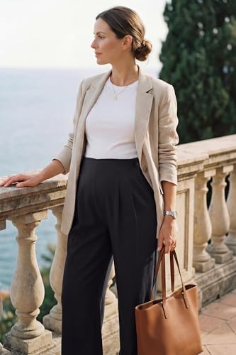 OUGES Women's Linen Maternity Pants Casual Work Adjustable Waist Straight Leg Business Office Trousers with Pockets - color: Black, size: XX-Large