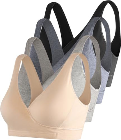 SUIEK 4 Pack Nursing Sleep Bra Maternity Bralette Cotton Breastfeeding Bras - color: Black/Dark Grey/Grey/Nude-4pcs, size: X-Large