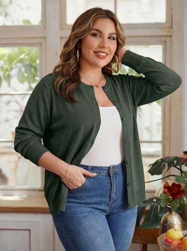 OLRIK Plus Size Long Sleeve Crewneck Cardigan Classic Fall Knit - color: Army Green, size: 4X