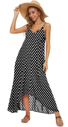 LILBETTER Women V-Neck Polka Dot Print Spaghetti Strap Boho Long Maxi Dresses - color: 01black Dot, size: Large