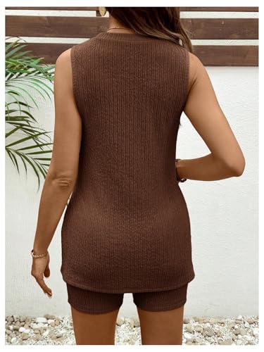 OYOANGLE Women's Two Piece Maternity Outfit Slit Hem Sleeveless Shorts Set - color: Brown, size: Medium