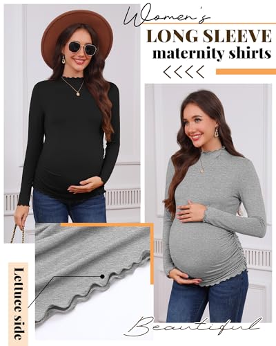 4 Pack Women Maternity Side Ruched Long Sleeve Shirts - color: Brown, White, Light Gray, Black, size: Large