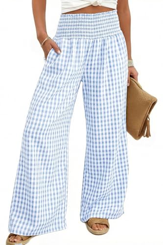 Dokotoo Women's Fall Gingham Wide Leg Casual Pants 2026 - color: Blue, size: Medium
