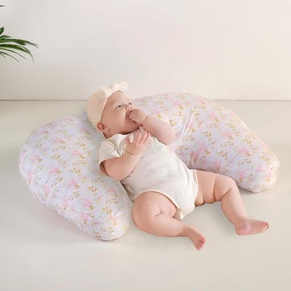 U-Shape Breastfeeding Nursing Pillow Set, 1 Insert and 2 Removable Covers - color: White & Pink Floral