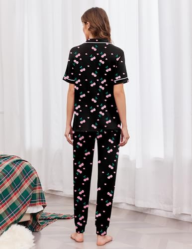 Ekouaer Women Pajama Set Short Sleeve Button Down Pjs with Jogger Pants - color: Black Cherry, size: X-Large