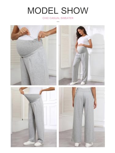BLENCOT Maternity Pants Over Belly Stretchy Wide Leg Work Trousers - color: Light Grey, size: X-Large