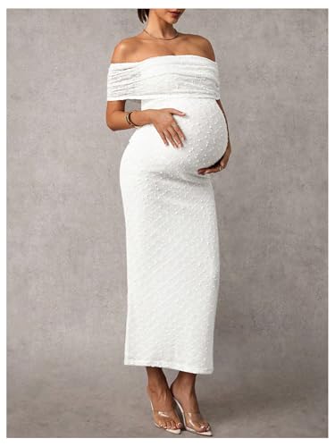 SweatyRocks Women's Maternity Off The Shoulder Dress Bodycon Maxi Dresses - color: White, size: Medium
