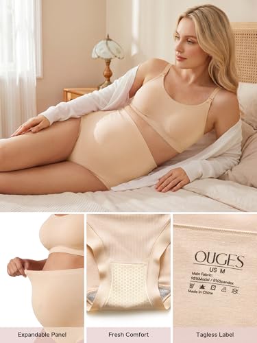 OUGES Women’s Modal 3 Pack Seamless Maternity Underwear Over Belly Stretchy High Waist Soft Pregnancy Postpartum Panties - color: Nude+nude+pink, size: XX-Large