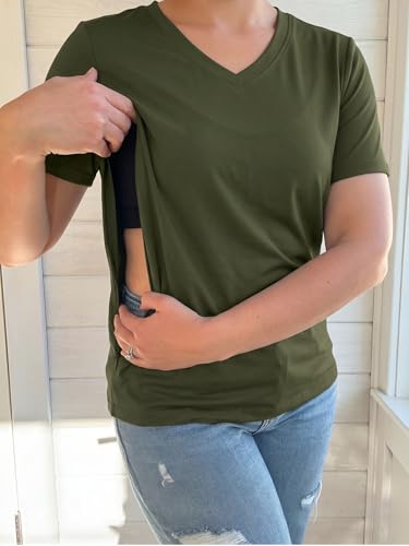 Nursing Shirts for Breastfeeding Women Zipper Maternity Graphic Tee - color: Army Green, size: Medium