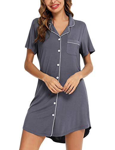 Senert Nightgowns for Women Button Down Sleeve Sleep Shirt Night Gowns - color: Gray, size: Large