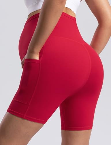 POSHDIVAH Creamluxe Maternity Biker Shorts with Pockets 6"/8" - color: Scarlet, size: Medium