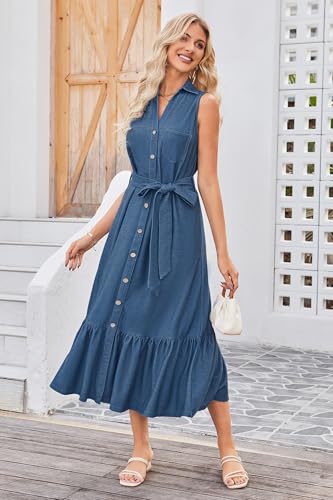 OUGES Womens 2025 Spring Maternity Dress Polo V Neck Sleeveless Ruffle Button Pregnancy Casual Work Dress with Pockets - color: Blue, size: XX-Large