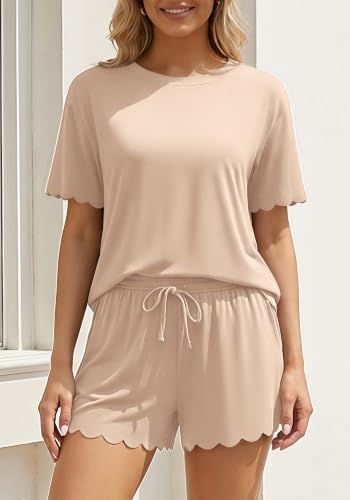 Charmo Two Piece Short Sets Women Scalloped Summer Maternity Outfits 2026 - color: Beige, size: X-Large