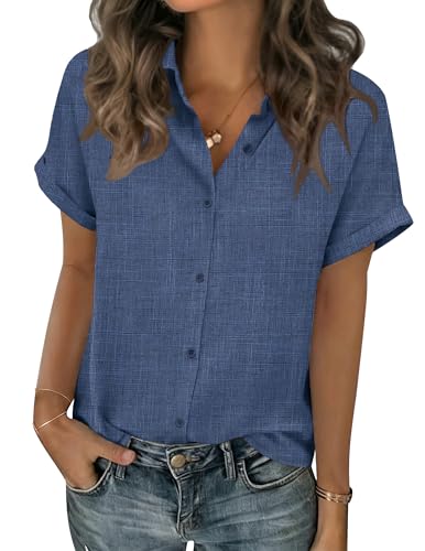 Zeagoo Short Sleeve Summer Tops for Women Button Down Shirts Work Blouses - color: Navy, size: Large