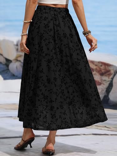 ELLEVEN Women’s Boho Floral Mesh Maxi Skirt - color: Black, size: Small