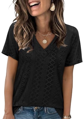 SAMPEEL Women's Eyelet Crossed V Neck Short Sleeve T-Shirt - color: All Black, size: X-Large
