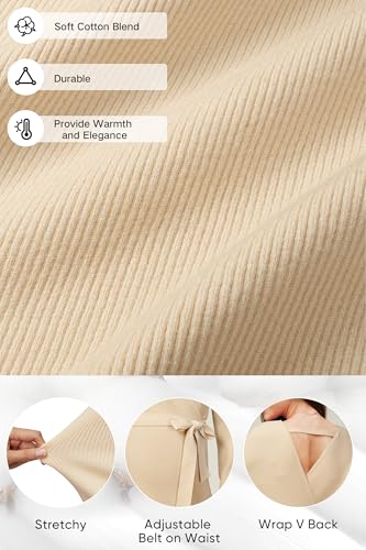 OUGES Womens Soft Cotton Blend Maternity Sweater Wrap V Neck Long Sleeve V Back Fall Shirts Pregnancy Outfits with Belt - color: Apricot, size: Small