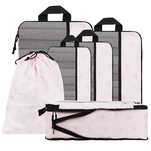 U+U 6 Set Compression Packing Cubes, Travel Organizers (Pink Bow) - color: Pink Bow, size: 6 Set