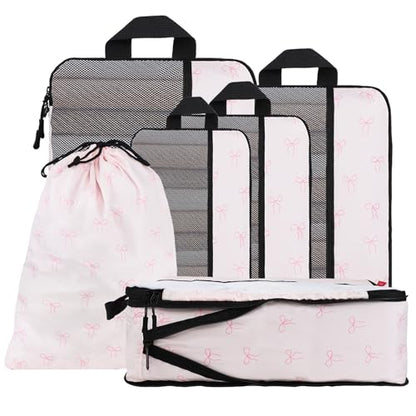 U+U 6 Set Compression Packing Cubes, Travel Organizers (Pink Bow) - color: Pink Bow, size: 6 Set