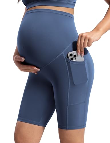 POSHDIVAH Creamluxe Maternity Biker Shorts with Pockets 6"/8" - color: Aegean Blue, size: Medium