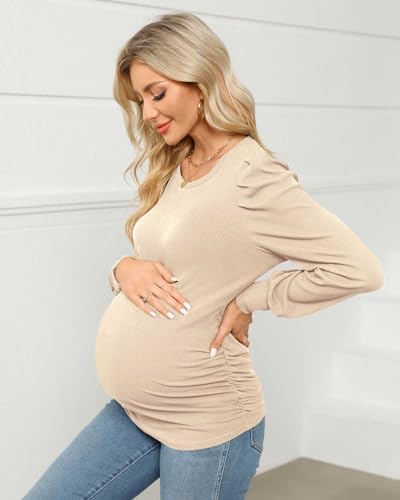 Onedreamer Women's Maternity Shirts Crew Neck Long Sleeve Maternity Tops - color: Long Sleeve-apricot, size: Medium