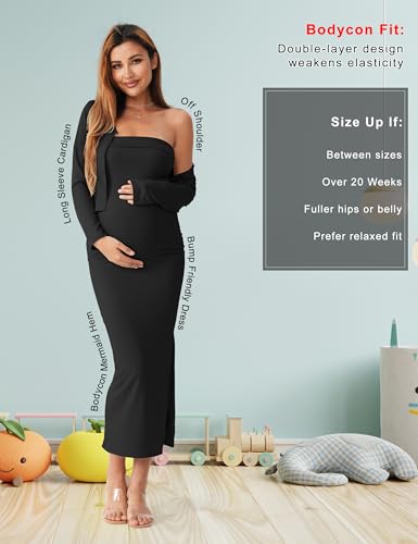 2 Piece Strapless Maternity Dress & Cardigan Set for Baby Shower - color: Black, size: X-Large