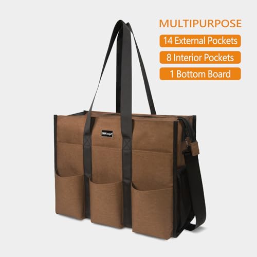 TOPDesign Utility Water Resistant Tote Bag with 22 Pockets, Zipper Closure - color: Brown, size: Medium