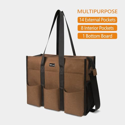 TOPDesign Utility Water Resistant Tote Bag with 22 Pockets, Zipper Closure - color: Brown, size: Medium